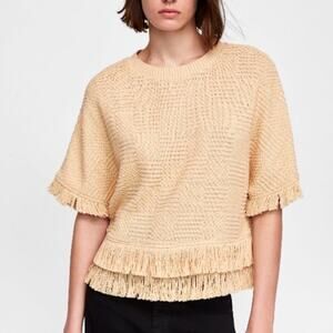 Zara Cream Beige Tweed Knit Fringe Crewneck Short Sleeve Sweater Top Size XS
